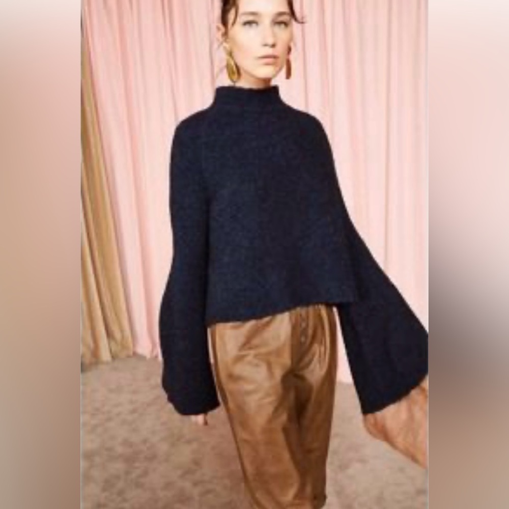 ULLA JOHNSON Amina Sweater Mock Neck Bell Sleeve Navy Blue Wool Cashmere